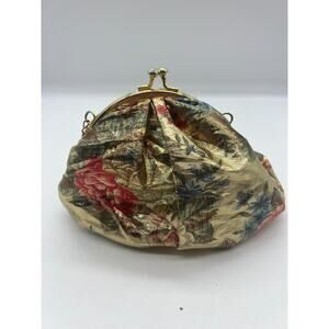 Gold Tone Muted Rose Floral Print Satchel Clastp Metal Chain Evening Bag